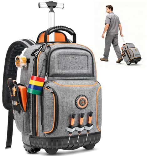 Rolling Tool Backpack with Wheels, 16 Heavy Duty Tool Bag with Molded Base | Large Capacity with 75 Pockets, 1680D Tear-Resistant Fabric, Durable Design for Electricians, HVAC Technicians & Contractors