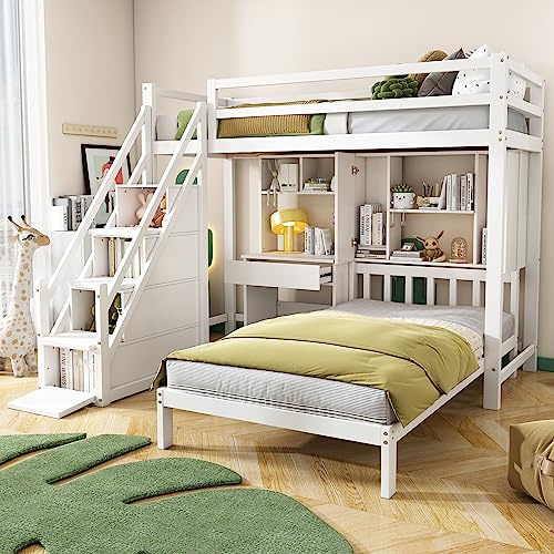 Kayan Etagenbett 90 x 200 cm, Multifunktionales Kinderbett mit Schreibtisch und Regale, Hochbett mit Stauraumtreppe und Lattenrost, Großer Stauraum, Kinder Doppelbett, Weiß, ohne Matratze