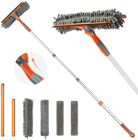 Eazer 2-in-1 Window Cleaning Equipment, Telescopic Window Cleaner Tool with Silicone Squeegee & Microfiber Scrubber, 163CM(64IN) Window Squeegee, Window Cleaning Kit with Rotatable Bendable Head