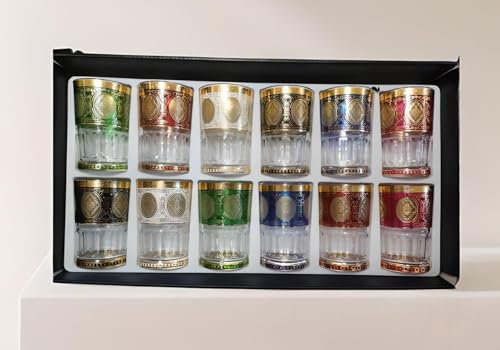 Générique lot 12 Verres à Thé, verres a thé Marocains, Design Oriental, Multicolore avec Bordure Dorée, Style Traditionnel