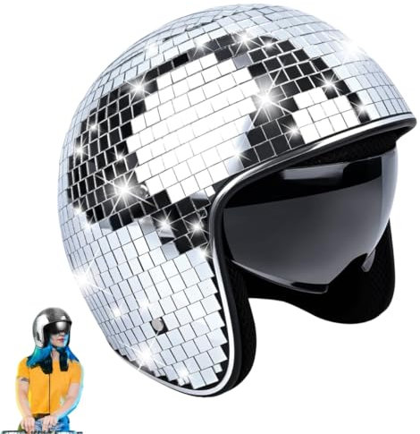 Sfera da discoteca, casco con glitter in vetro da discoteca, a specchio, a forma di palla da discoteca, in argento, stile retrò, decorazione da discoteca, per carnevale, feste, discoteca, palcoscenico