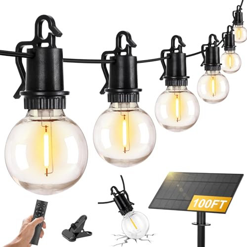 ZJOJO 100FT Solar Lights Outdoor Wateroproof, Solar String Lights with with Remote USB Port 32 LED Shatterproof,Dimmable Outdoor Lights Long Last for Garden,Patio, Backyard, Camping Christmas Light