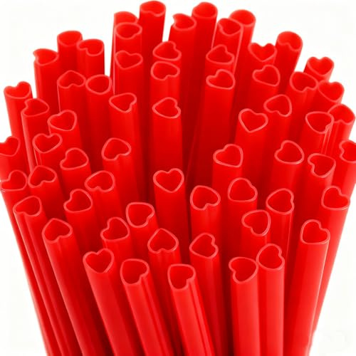 50Pcs Reusable Straws, Red Heart-Shaped Plastic Straws with Cleaning Brush | Individually Packaged Straws For Milkshakes, Bubble Tea, Juices & Smoothies. Ideal For Home, Bars, Parties & Valentine’s Day