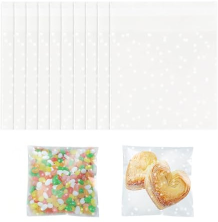 Siliget 100Pcs Cellophane Bags - 15 x 15 cm, Self Adhesive Small Plastic Packaging Bags with White Dot, Clear Frosted Plastic Package for Sweet Cookie Chocolates Biscuit Candy (15 x 15 cm)