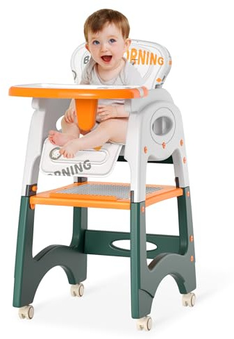 VANCHEMO Hochstühle 6 in 1 Kinderstuhl Esstisch Faltbar Babystuhl Sitzerhöhung Kindersitz Tischstuhl Esstisch Kinder Sitz mit Sitzlehne, Abnehmbarem Tablett Bausteintisch-Set