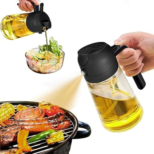 LEIGHT Spruzzino Olio 470ml per Friggitrice ad Aria, Dispenser in Vetro con Nebulizzatore Fine, Beccuccio Anti-Goccia, Scala Graduata, Spray Olio da Cucina per BBQ, Insalate, Padella, Griglia (NERO)