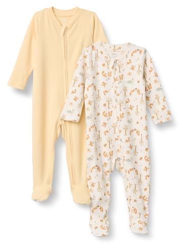 Amazon Essentials x Sofia Grainge Unisex Babies' Cotton Footed Sleep and Play One-piece Bodysuit, Pack of 2, Pale Yellow/Squirrel Picnic, 0-3 Months
