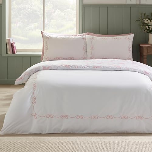 Catherine Lansfield Bow Embroidery King Duvet Cover Set with Pillowcases White/Pink