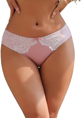 ohyeahlady Women's Sexy Underwear with Lace Trim Breathable Cotton Crotch Thong Panties Soft Stretch Ribbed Brazilian Knickers Plus Size French Briefs