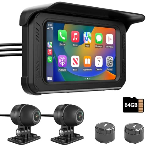 IXROAD Motorcycle Dash Cam with CarPlay and Android Auto, 1080P Motorbike Camera Front and Rear, 5 Touch Screen with GPS, TPMS, Sat Nav, 64GB TF Card