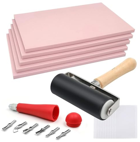 Ujjdwiurgh 5-pack 4 x 6 blekrosa gummistämpel snideriblock linoleumblock med linoleumskärare och gummibrayer roller