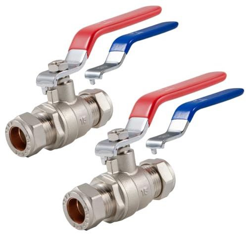 VANCOCO 2 Pack 15mm Compression Isolation Shut Off Valve | Red & Blue Lever Handle, Large Bore Higher Flow, With Compression Olives, 1/4 Turn Iso Valve For Kitchen Bathroom Pipe