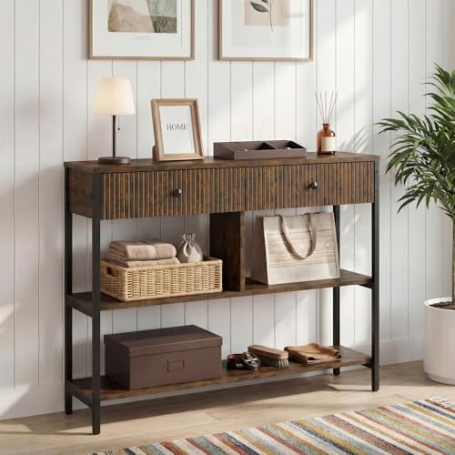 Manora Mesa de Consola, Mesa de Entrada con 2 cajón y 3 estantes de Almacenamiento, Mesa Auxiliar Estrecha para Entrada, Salón, Dormitorio y Vestíbulo, 100 x 24 x 76cm, Marrón rústico