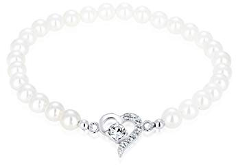 Elli Bracciale da donna a forma di cuore con perle di conchiglia e cristalli in argento sterling 925, 17 cm, Sfaccettatura, cristallo