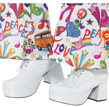 Smiffys Chaussures compensées homme années 70, blanc, talon de 7.6 cm