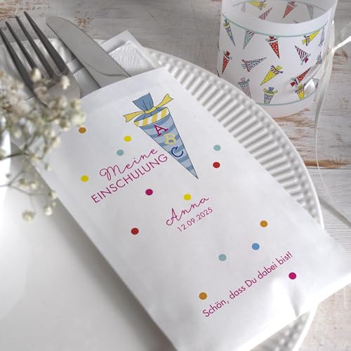 10 Stück personalisierbare Bestecktasche Motiv Schultüte für Einschulung, Schulanfang, Schuleinführung pink