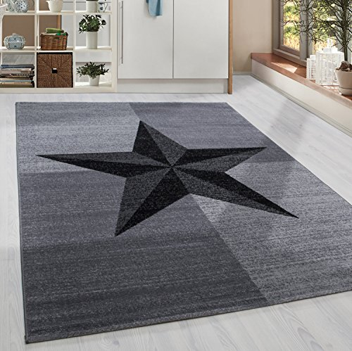 HomebyHome Teppich Wohnzimmer 120x170 cm Grau und Schwarz Moderne Stern Design - Jugendzimmer Esszimmer und Schlafzimmer Teppich Kurzflor Teppich Extra Weich Pflegeleicht - Carpet Living Room