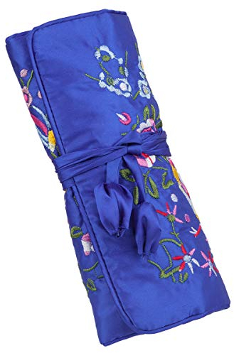 mookaitedcor Garten Design Stickerei Schmuckrolle für Reisen, Schmuck Organizer Reise Schmucktasche für Ringe Ohrringe Halsketten Armbänder, Blau