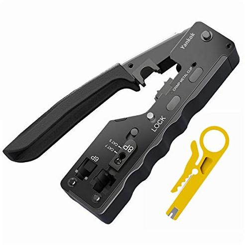 Yankok [CAT5/5e CAT6/6a CAT7 Modular Crimper] Crimps Shielded and Unshielded RJ45 (8P8C) RJ12 (6P6C) RJ11 (6P4C) Network Connectors Ethernet Data and Telephone Jacks Black Handle