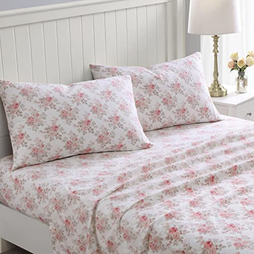 Laura Ashley - Full Sheet Set, Cotton Flannel Bedding, Brushed for Extra Softness & Comfort (Lisalee Pink, Full)