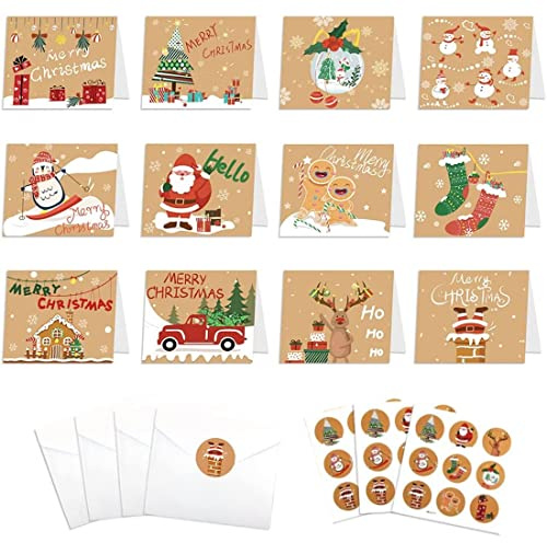 Bluelves Carte de Voeux Noel, 24 Pièces Cartes de Noël, Carte de Noel avec 24 Enveloppes et Autocollant, Carte Cadeau Noel, Kit de Carte Noel pour Enfants, Famille, Amis