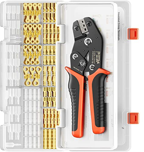 PEBA Crimping Tool Kit, Spade Connectors, Wire Crimper 0.25-2.5mm²/24-14AWG with 10 Types 2.8/4.8/6.3mm Spade Wire Connectors & Ring Terminals, Wire Crimping Tool for Spade Terminal Electrical Wiring