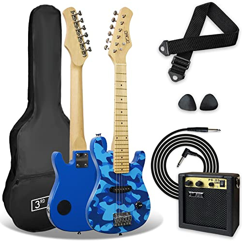 3rd Avenue Pacchetto beginner con chitarra elettrica junior di dimensioni 1/4 3rd Avenue, amplificatore portatile da 5 W, cavo di connessione, custodia, plettri e tracolla – Blu mimetico