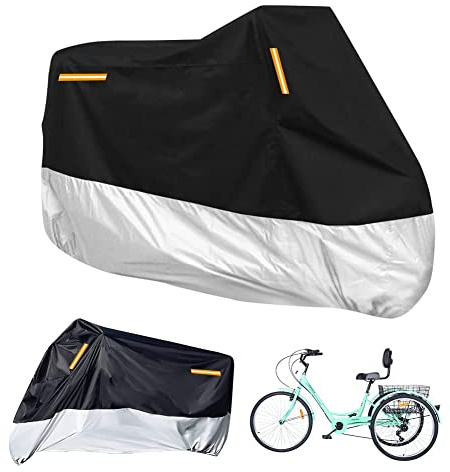 2er-Set Premium Dreiradabdeckung für Erwachsene, passend für alle 3-Rad-Fahrräder oder Motorräder im Innen- und Außenbereich, 264,2 cm L x 110 cm B x 124,5 cm H (Schwarz & Silber, 210D)