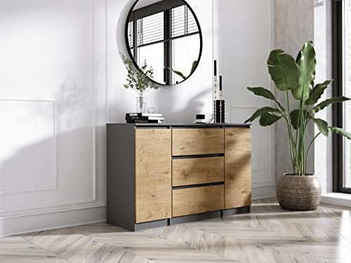 3xE Living Kommode, mit 2 Tür, 3 Schubladen Anthrazit & Lancelot Eiche,B: 120 cm H: 79 cm T: 39 cm