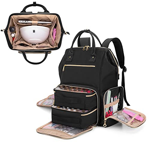 BAFASO Nagellack-Organizer Rucksack für 56 Flaschen und eine Nagellampe, Nagellacktasche mit 2 abnehmbaren Beuteln und Werkzeug-Aufbewahrungsfächern (patentiertes Design), Schwarz , Modern