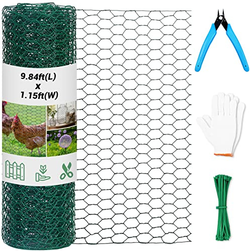 Garten Geflügel Hühnerdrahtzaun, 34 cm x 3 m Leichtes Verzinktes Sechseckgeflecht Hühnerdraht, Kaninchendraht Engmaschig für Gartengeflügel Maschendrahtzaun mit Handschuhen, Drahtbindern