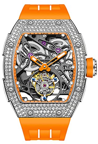 Haofa Tourbillon klocka Lyx Tonneau diamanthus skelett automatisk mekanisk klocka safir vattentät självuppdragning herrklocka 1901-1S, apelsin