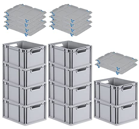 PROREGAL SparSet 10x Eurobox NextGen Grip mit Auflagedeckel & 4 blauen Schiebeschnappverschlüssen, HxBxT 22x30x40cm, 20 L, Grau, Griffe offen, Eurobehälter, Transportbox