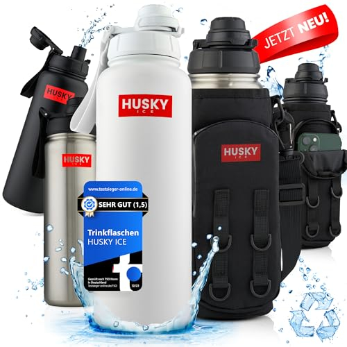 HUSKY ICE Gourde en acier inoxydable avec sac de transport gratuit – 700 ml – Sans BPA, anti-fuite et adaptée aux boissons gazeuses – Bouteille isotherme pour gazéification, sport, école, extérieur
