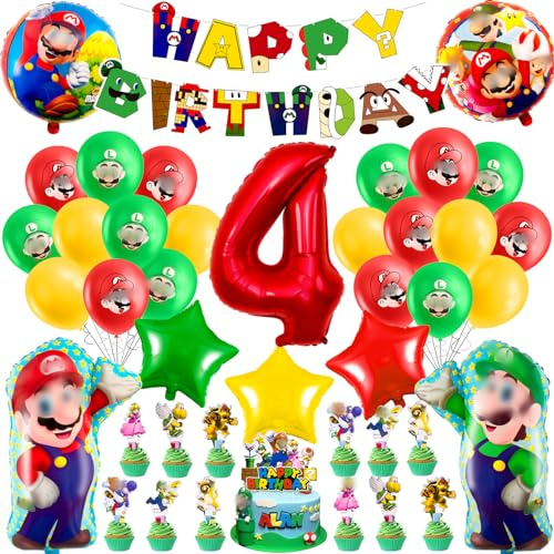 Super Foil Balloons & Latex Balloons - Happy Birthday Banner & Cake Toppers for Kids' 4th Birthday Party - Mario Theme Party Supplies