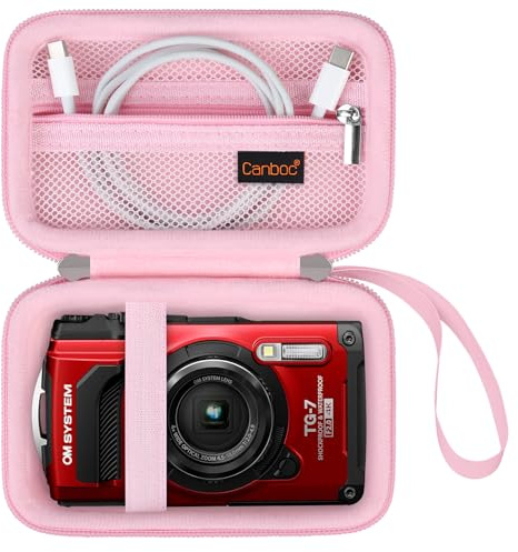Canboc Carrying Case for OM System Tough TG-7/ OM System Olympus TG-6 Underwater Camera, Waterproof Camera Bag, Zipper Mesh Pocket fits USB Cable, Batteries, Pink (Case Only)