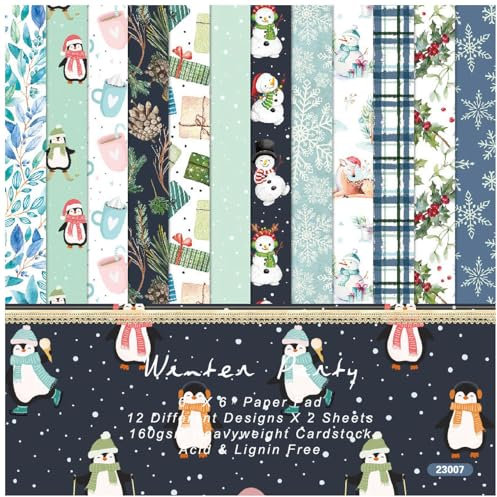 ZAKHSE Motivpapier Weihnachten,48 Blätter Weihnachtliche Bastelpapier 15,2x15,2cm,Einseitige Bedruckt Designpapier,Schneemann Schneeflocke Pinguin Motive Dekorpapier Fotoalbum Scrapbooking Zubehör