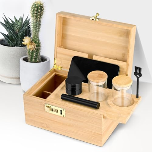 Sinothec Bambusbox mit Zahlenschloss, Premium-Verschluss-Organisator mit Tablett Dekorative Home Box Aufbewahrungsbox Set mit Tablett, Glasbehälter Pinsel