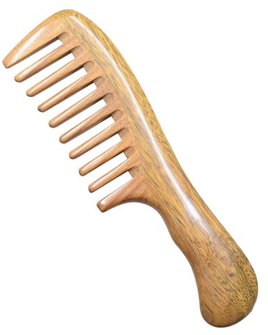 Peigne en Bois de Santal Vert Naturel à Dents Larges pour Cheveux Bouclés - Brosse Antistatique Adaptée à Tous Types (Style Aléatoire)