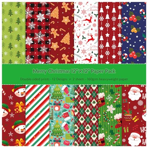 ZAKHSE Motivpapier Weihnachten, 24 Blätter Designpapier mit Weihnachtsdruck, 30x30cm Doppelseitig Bedruckt Gemustert Bastelpapier Bunt (Stil A)