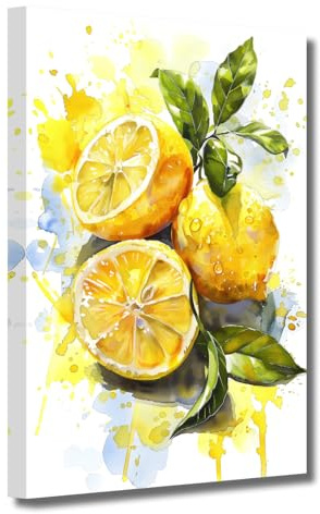 LZIMU Zitronen Wandkunst Bilder mit frischem Obst gelbe Zitrone Leinwanddrucke Zitrus Lebensmittel Kunstwerk Gemälde Wanddekoration für die Küche (Schwarz, (30.00 x 45.00 cms))