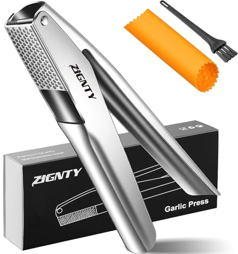 ZIGNTY Garlic Press Stainless Steel, Professional Mincer No Need to Peel, Large Trough Presser Ergonomic Handle Easy Squeeze, Ginger Crusher & Masher Dishwasher Safe Rust Proof