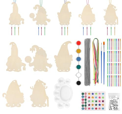ilauke Christmas Wind Chime Kit for Kids,10 Pcs Wooden Dwarfs Christmas Craft DIY Christmas Tree Wind Chime,Xmas Tree Ornaments for Boys Girls Activity DIY Art Project Christmas Decor(Dwarfs)
