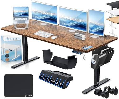 KESSER® höhenverstellbarer Schreibtisch elektrisch 160 x 70 cm, ergonomischer Steh-Sitz Tisch mit 3-Memory-Funktion, Stehtisch für Homeoffice, Inkl. Zubehör, USB-Ladeanschluss & 360° Rollen, Braun