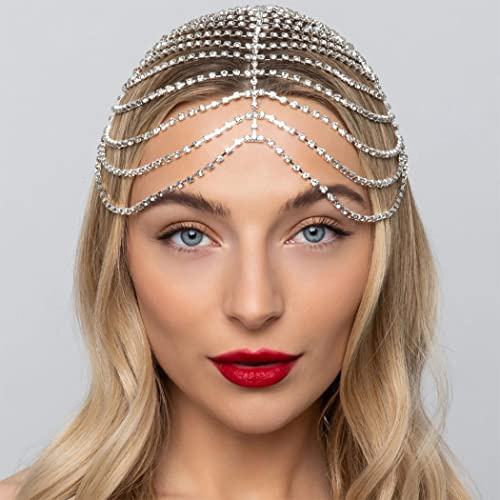 CAKURE 1920s Crystal Cap Headpiece Flapper Cap Headband Roaring 20s Headpiece Rhinestone Art Deco Party Hair Accesories for Women (b-silver, one size)