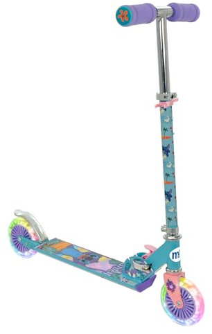 Disney Stitch Inline Scooter Light Up Wheels | Unisex Girls or Boys | Folding Adjustable 2 Wheel Kids Age 5+ Push Officially Licenced