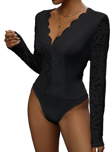 Everbellus Sexy Body in Floreale Pizzo da Donna, Elegante Body a Maniche Lunghe Camicette Top con Scollo a V Profondo Bodysuit Camicie Nero Large
