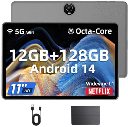 COLORROOM Tablet, 11 Zoll Android Tablet, Octa Core Prozessor, 12GB RAM 128GB ROM 1TB Erweiterbar, 1280x800 HD IPS Touchscreen, Widevine L1, 8000mAh, WLAN 5, BT 5.0, Dual Kamera (Grau mit Schutzhülle)
