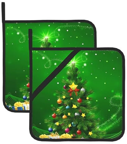 Set di presine resistenti al calore, con alberi di Natale, design a stampa completa per cuocere, grigliare e barbecue, cuscinetti caldi per forno da cucina