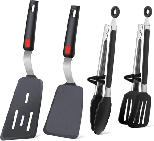 Silicone 4 Stück Flexible Pfannenwender und Küchenzange mit Silikonspitzen, ideal zum Wenden von Eiern, Fisch, Burgern, Pfannkuchen sowie zum sicheren Greifen von Salaten, Nudeln, Steaks und Grillgut